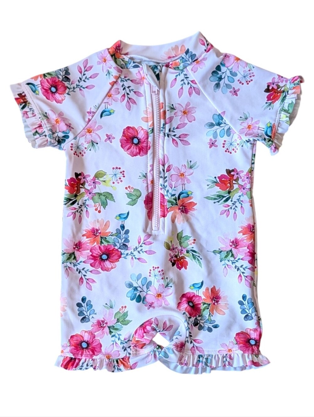 NWT Little Me SPF 50 Pink Floral Zip Front Lined Rashguard One Piece 12 Months